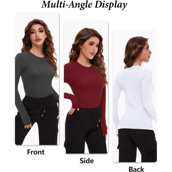 4 Pack Women’s Long Sleeve Basic Shirts Crew Neck Slim Fitted Compression Gym - Picture 5 of 7